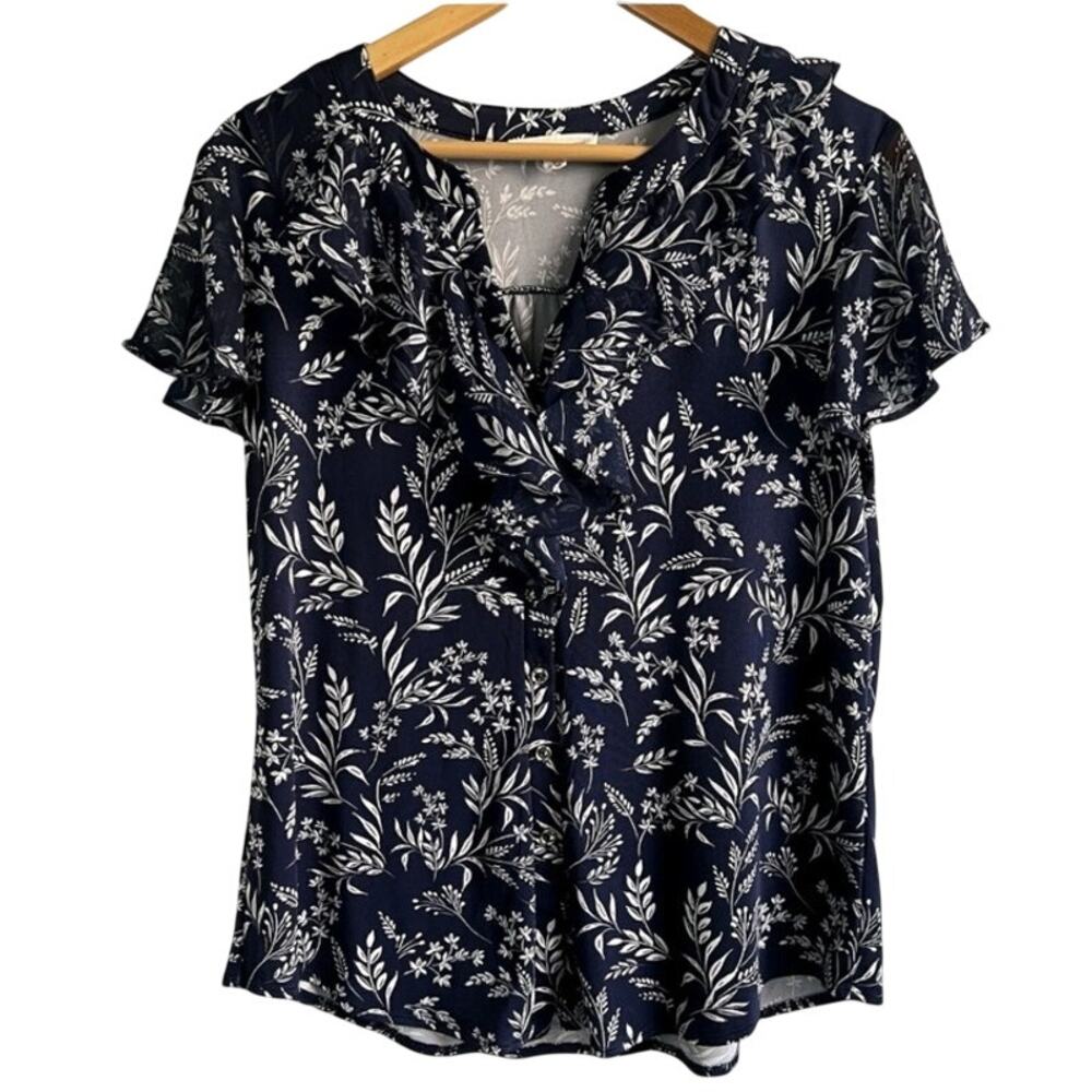 Perseption Concept Navy and White Cottagecore Blouse Sz L